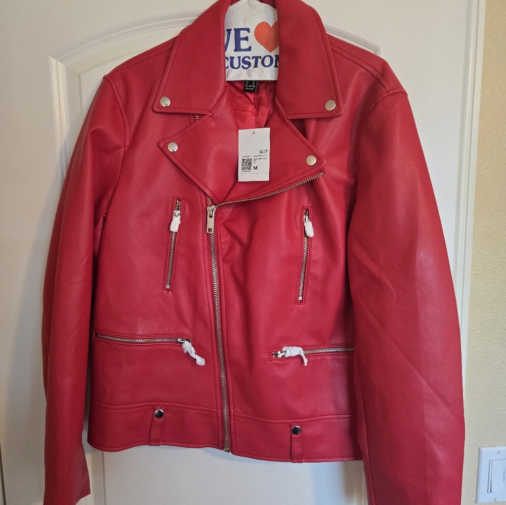 FOREVER 21 RED FAUX LEATHER JACKET.